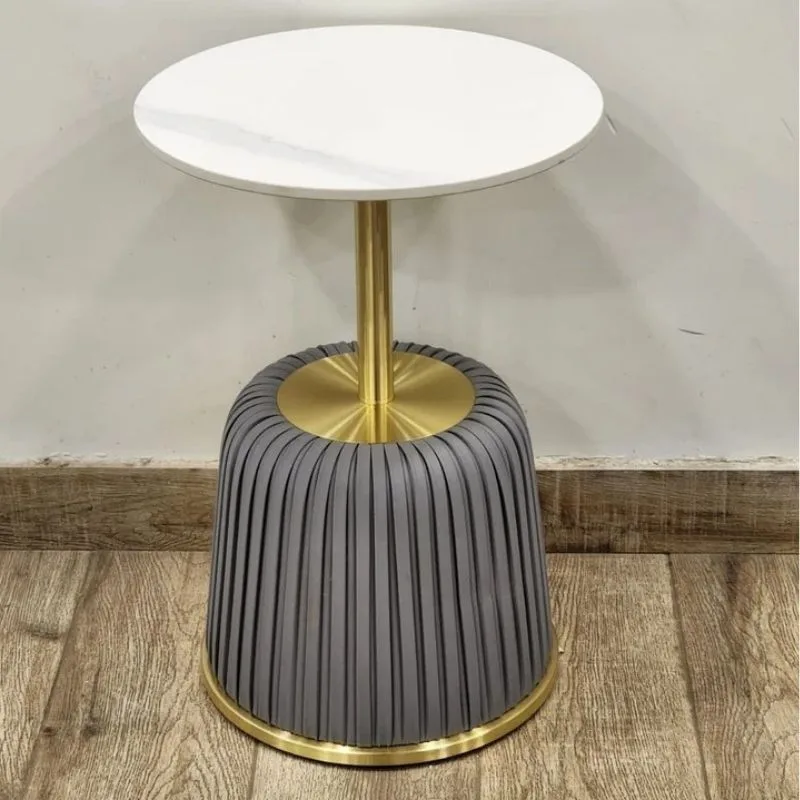 Golden Stainless Steel Side Table with Marble Top and Gray Base