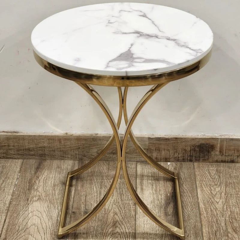 Modern Round Stone Side Table with Golden Base
