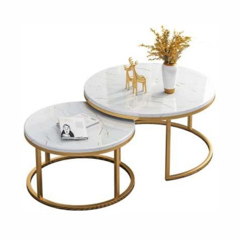 Round Accent Coffee Table with Marble Top Set of 2