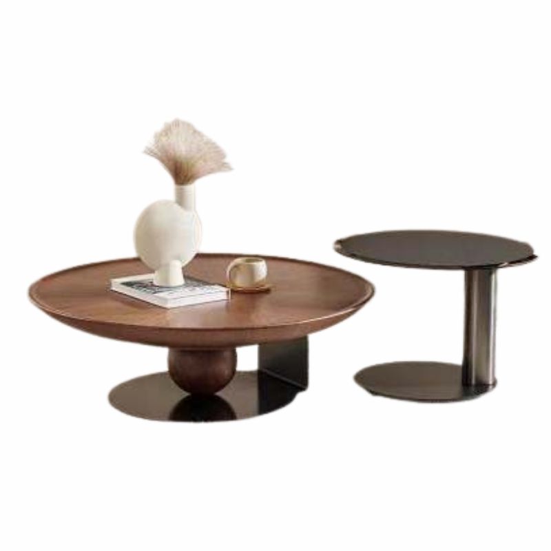 Round Black Wood Coffee Table with Metal Pedestal Base